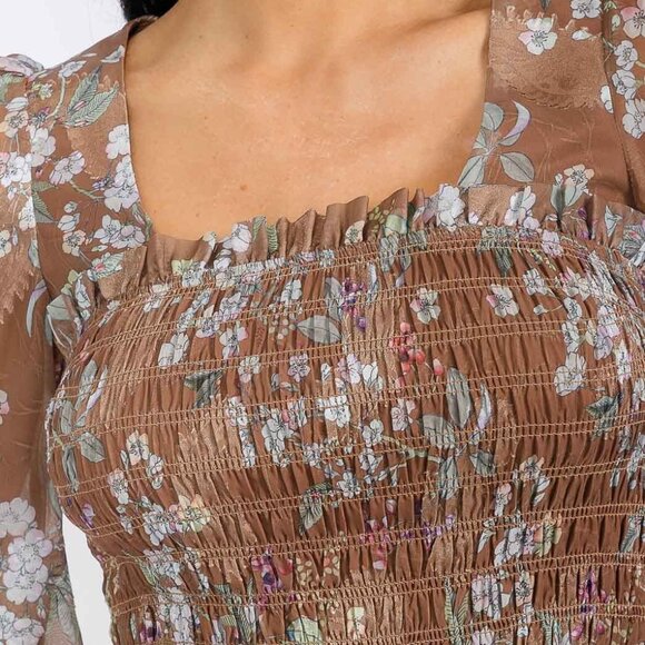 Smocked Floral Print Tiered Mini Dress Brown - Picture 4 of 5